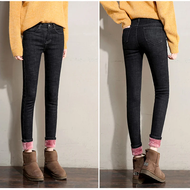 Новые зимние плотные флисовые джинсы для женщин облегающие бархатные теплые