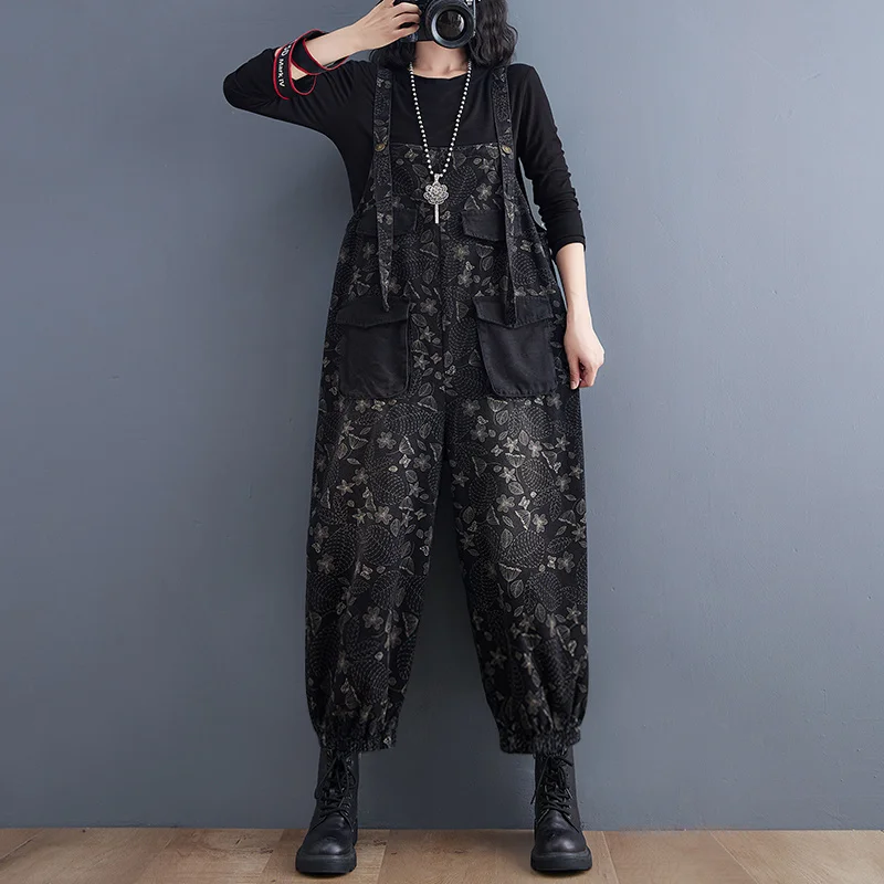 

#1454 Full Floral Printed Denim Jumpsuits Women Loose Harem Straight Jeans Jumpsuit Female Retro Black Denim Overalls For Women
