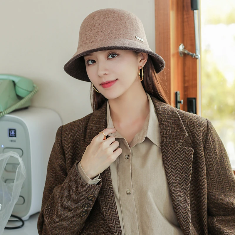 

Winter Wool Woolen Knitted Bucket Hat Cashmere Blended Hats For Women Warm Basin Cap Korean versatile Winter Fisherman Hats