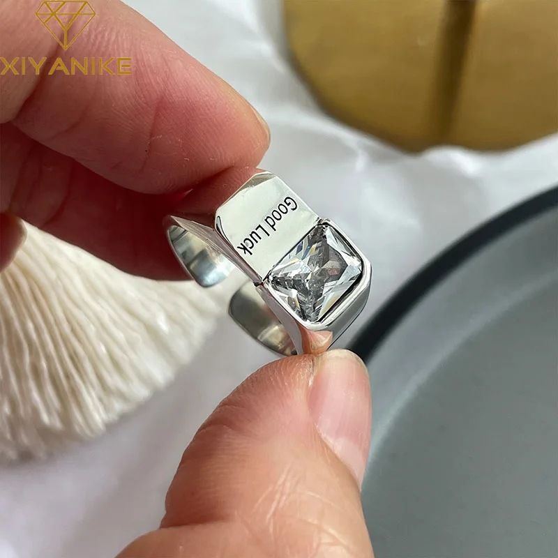

XIYANIKE Silver Color Letter Zircon Square Width Opening Ring Female Minimalist Style Jewelry Accessories Friends Party