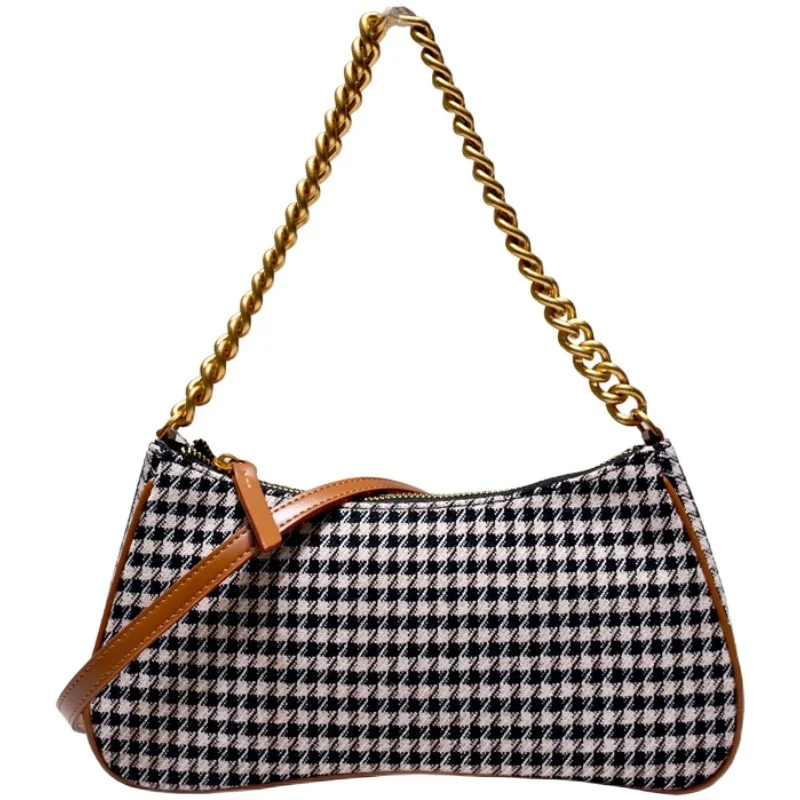 

Women's bag 2020 fall/winter new armpit bag houndstooth vintage chain plaid baguette shoulder bag