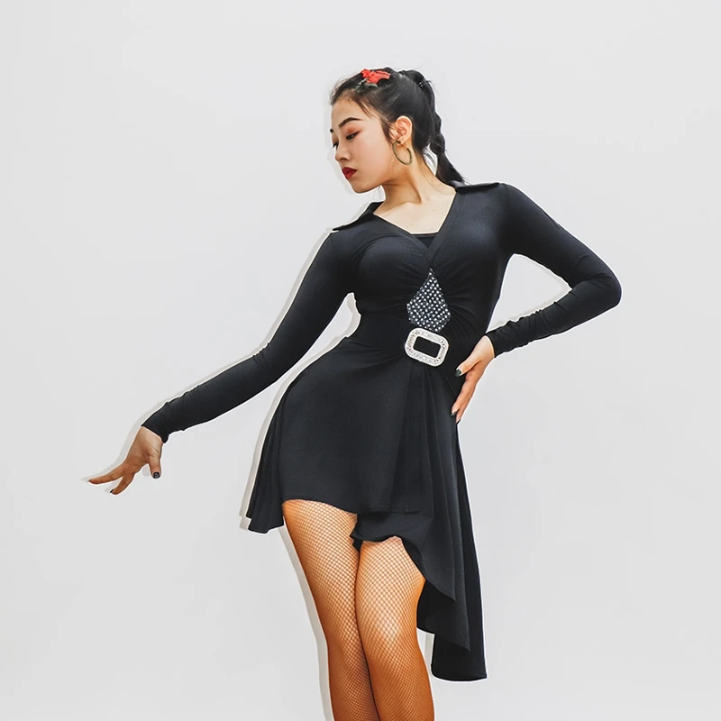 New Black Latin Dance Dress Adult Sequins Skirts Long Sleeve Female Tango Samba Irregular Dancewear Ballroom Practice Costume