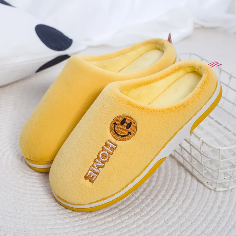 

Winter Fashion Indoor Ladies Cotton Shoes Women 2022 New Couples Furry Slides Plus Velvet Warm Soft Bottom Female Smile Slippers