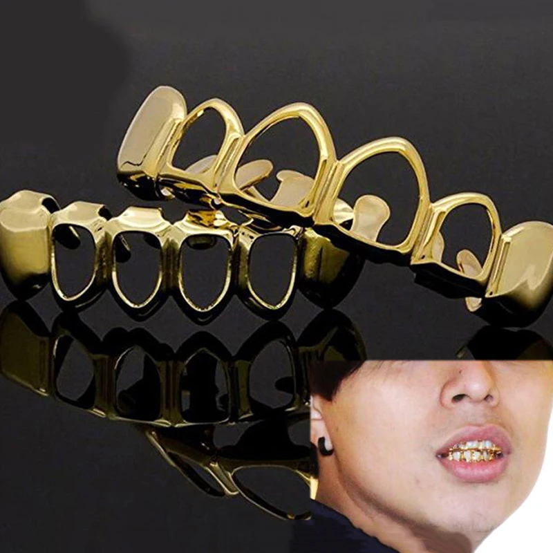 New Hip Hop Gold Teeth Grillz Top &amp Bottom Grills Dental Mouth Punk Caps Cosplay Party Tooth Rapper Funny Jewelry Gift |