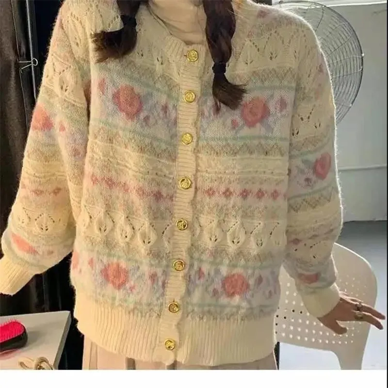 

Cardigan Women Floral Hollow Out Spring Kawaii Students Cozy Plus Size Casual Chic Design Loose Sweet Ladies Ins Newest Sweaters