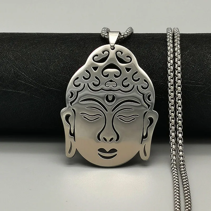 Religious Stainless Steel Necklace Classic Buddha Pendant Men's and Women's Prayer Jewelry Fashion Sweater Chain Long Necklace
