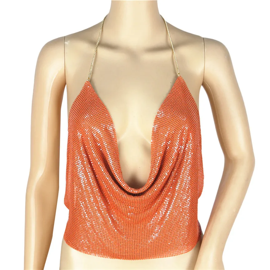 Женская майка с V образным вырезом открытой спиной и блестками| |