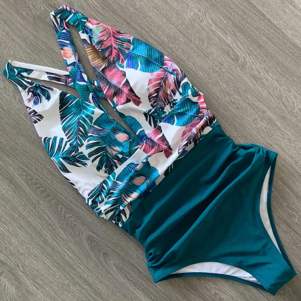 

2020 Sexy One Piece Swimsuit Female Floral Women Swimwear Push Up Bathing Suits Bodysuits Beach wear Deep V-neck Ruffle Monokini