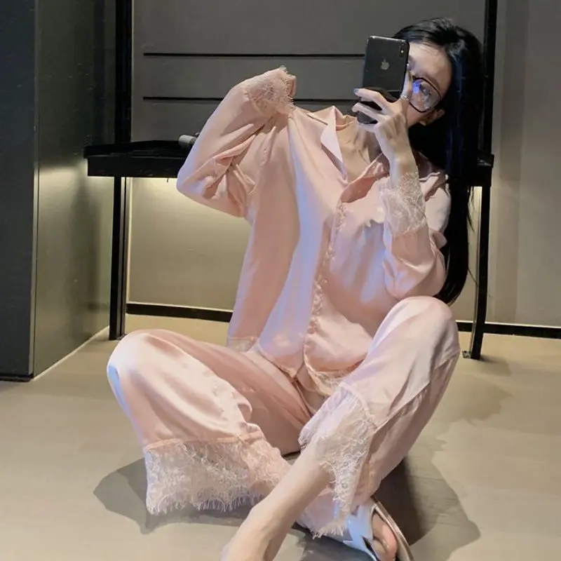 

Pajamas Women Spring Autumn New Satin Silk Sleepwear Trouser Suits Sweet Full Slip Lace Princess Style Nightwear Female Pijamas