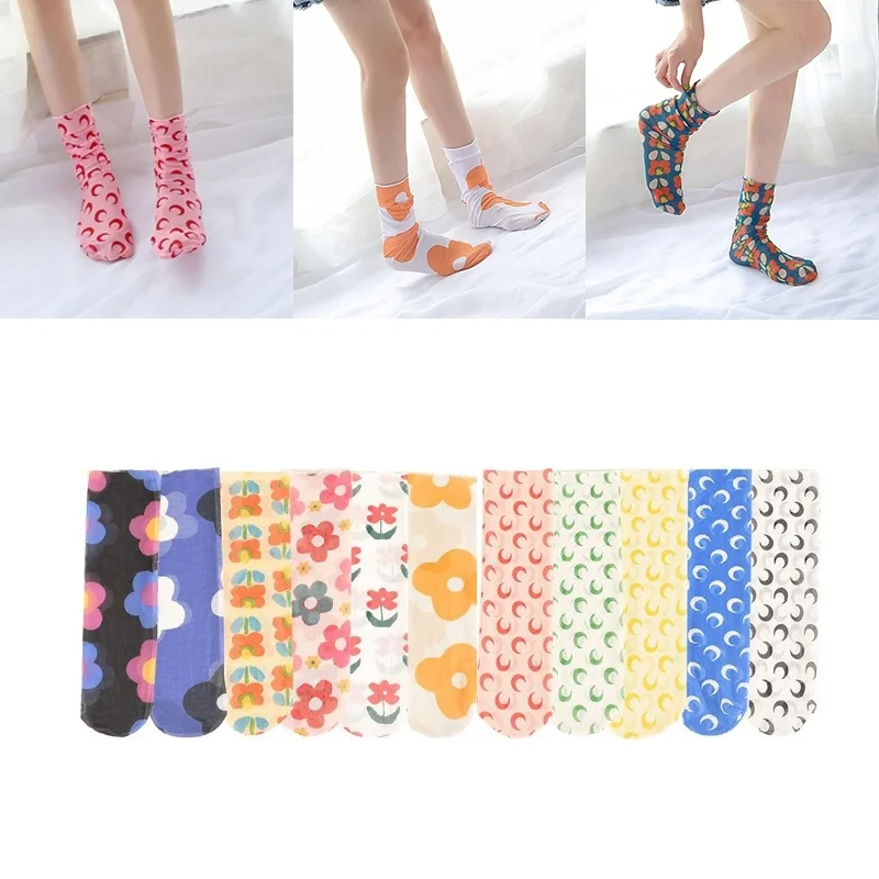 1 пара женские тюлевые Носки ярких цветов носки с цветочным принтом кружевные
