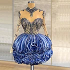 Женское коктейльное платье с оборками и бусинами, короткое вечернее платье для девушек, сексуальное платье небесно-голубого Вечерние