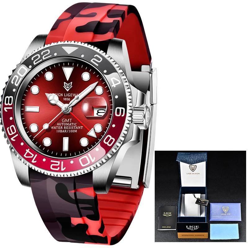 

LIGE Design Hardlex Glass 40MM High Quality Silicone GMT Mechanical Watch 100M Waterproof Classic Fashion Luxury Automatic Watch
