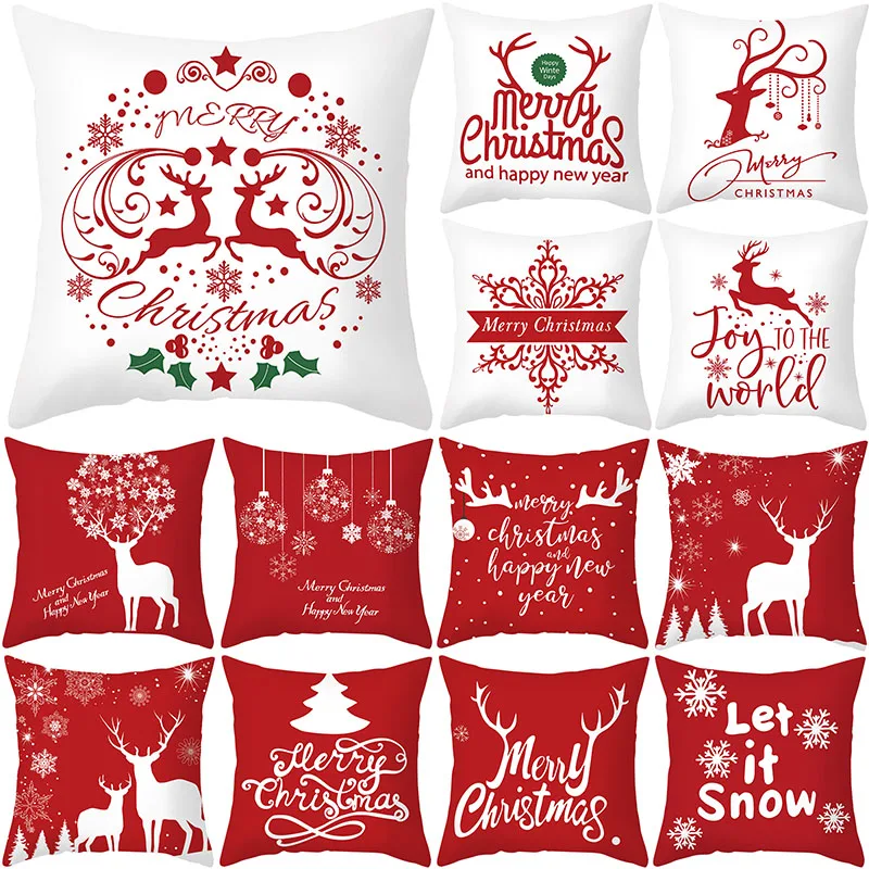 

Red Christmas Cushion Cover 45X45 Snowflake Deer Decorative Pillowcase Polyester Sofa Cushions New Year Pillowcovers Home Decor