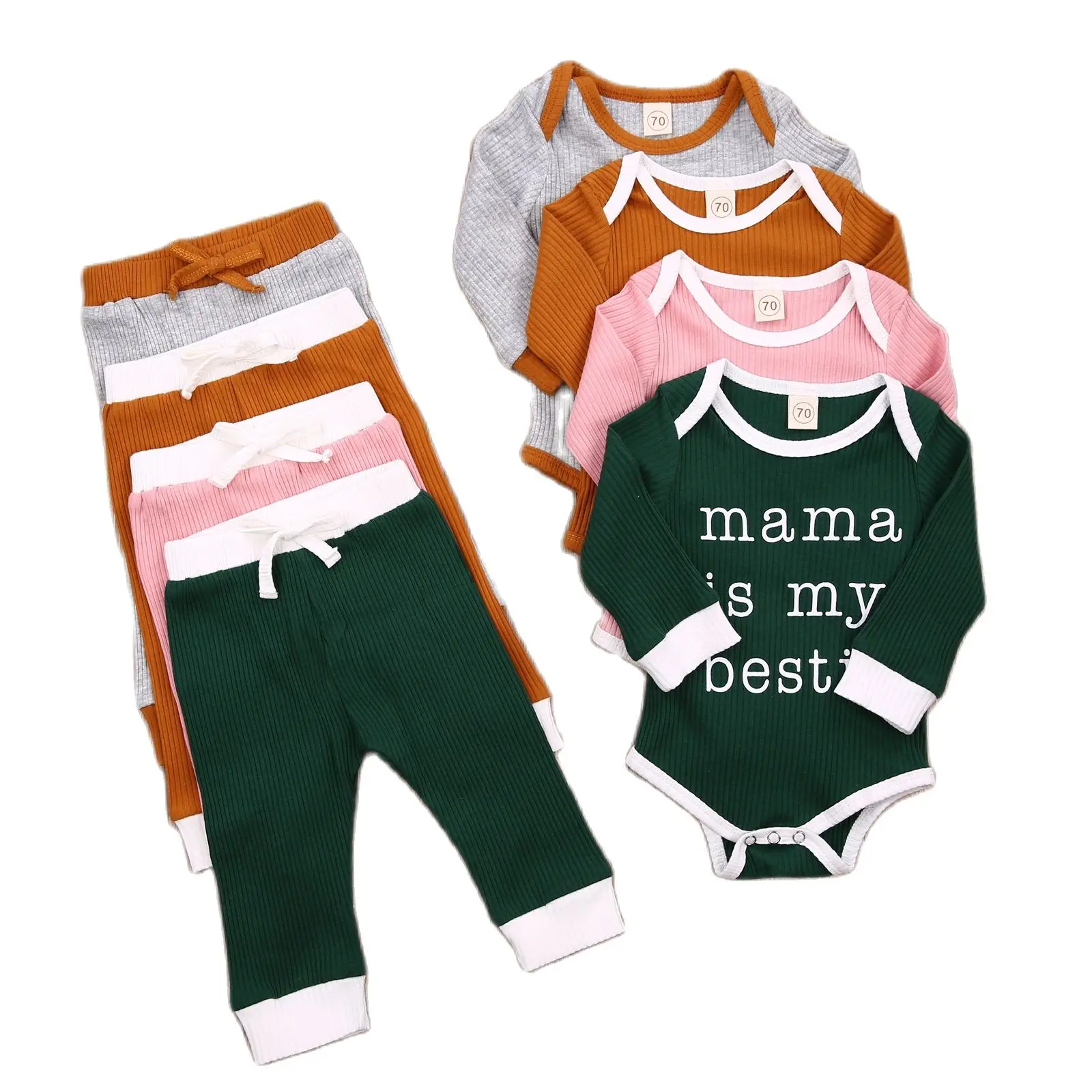 

2 Pcs Ribbed Outfits Baby Letter Print Long Sleeve Round Neck Romper Set+ Tie Up Trousers Newborn