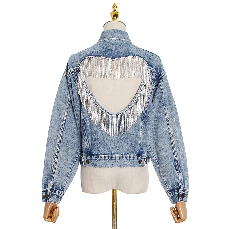 

New fashion temperament heavy industry rhinestone fringe chain love sexy hollow denim coat female