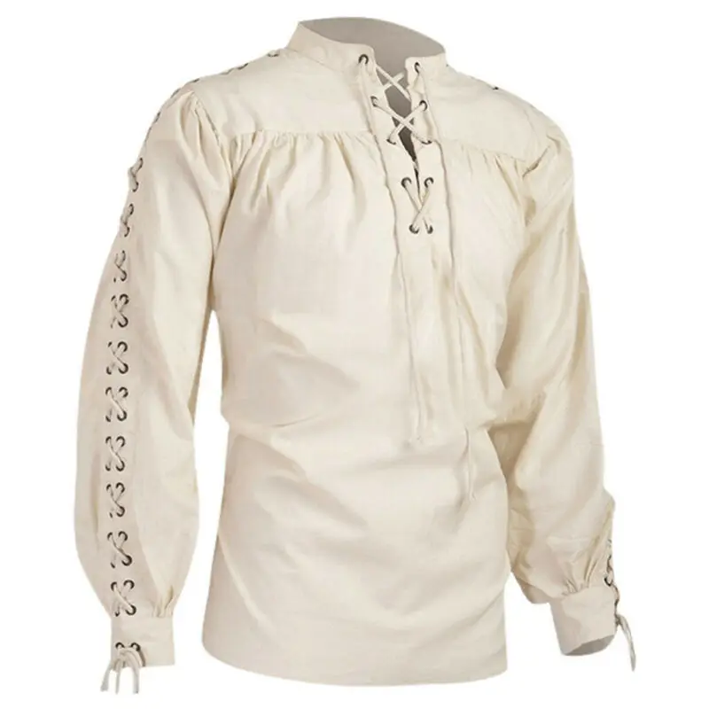 Men's Summer Bandage Renaissance Pirate Hippie Black Shirt Medieval Costume hot | Мужская одежда