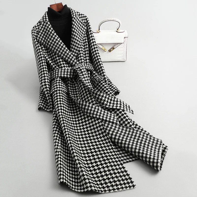 

Женское шерстяное пальто, теплое клетчатое пальто с поясом, уличная одежда в Корейском стиле, толстые длинные пальто для осени и зимы, 2021