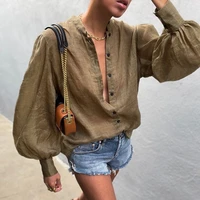 ardm fashion v neck with button white blouses femme 2021 tops casual lantern sleeve street loose shirts women sexy tops