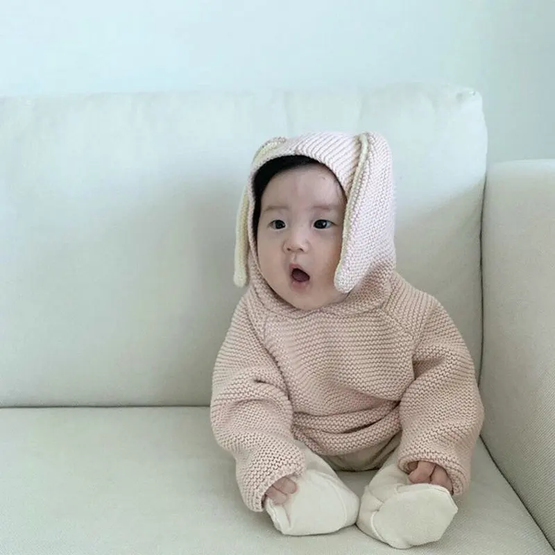 

100% Cotton Cardigan Hooded Rabbit Ear Baby Winter Costume Sweater For Toddler Newborn Boys Girls Pullover Knit Jumper Korean