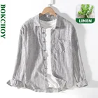 Рубашка Мужская льняная в клетку, дышащая удобная тонкая Свободная Повседневная сорочка из чистой пеньки с длинным рукавом, Осень-зима 2020, GML03-1918