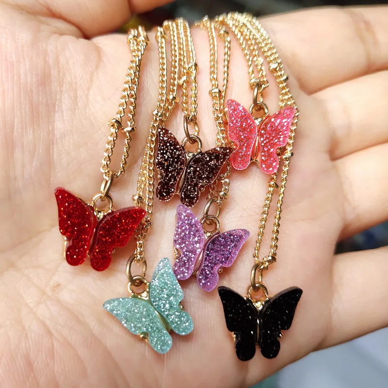 

Fashion butterfly jewelry creative butterfly glitter sequined acrylic alloy necklace set wholesale