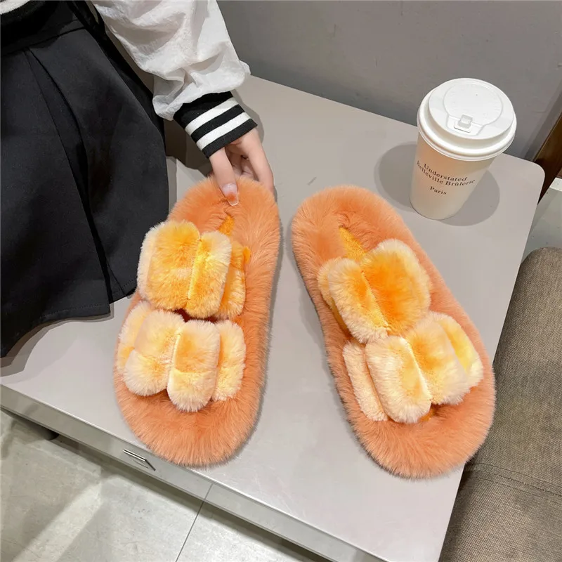 Chaussure Femme Slippers Casual Flock Flat Shoes Female Slides Platform Fur Flip Flops Women Luxury Soft Plush 2021 Basic Indoor
