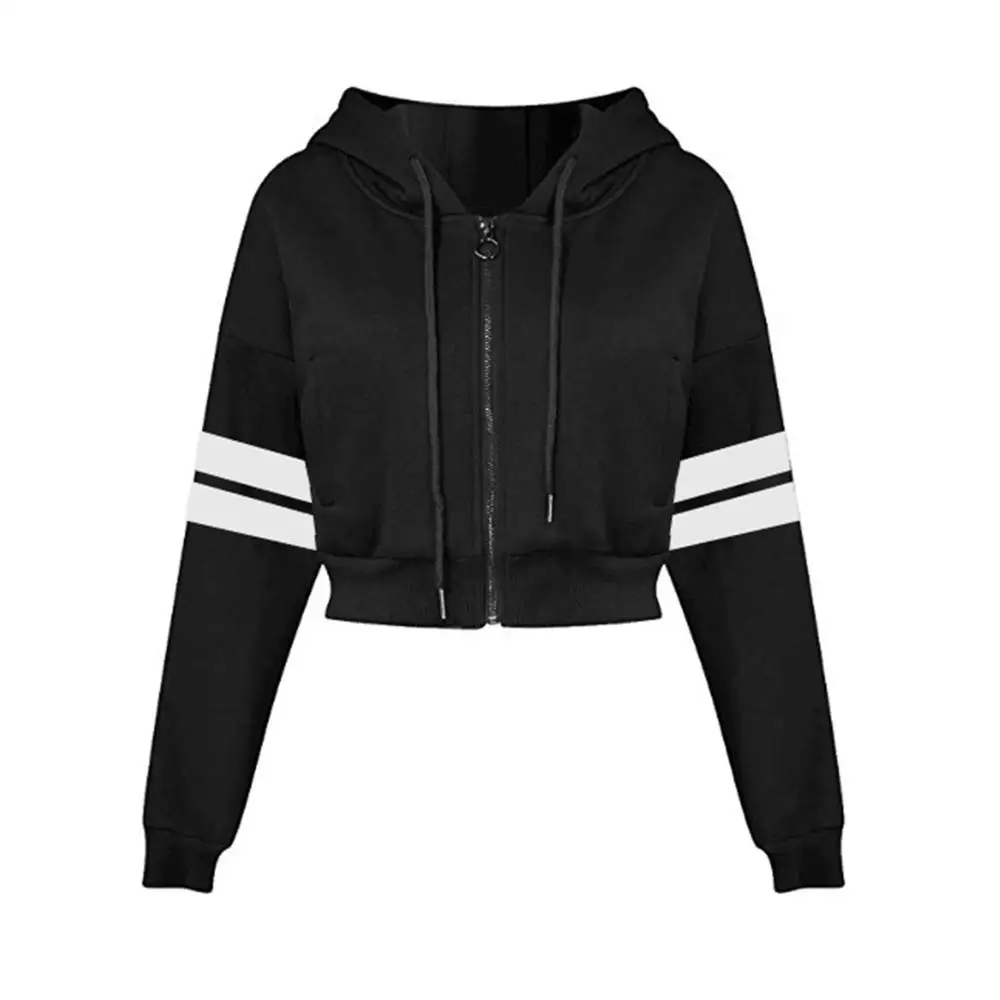 укороченная толстовка женская с капюшоном осенняя одежда 2019 черная на молнии