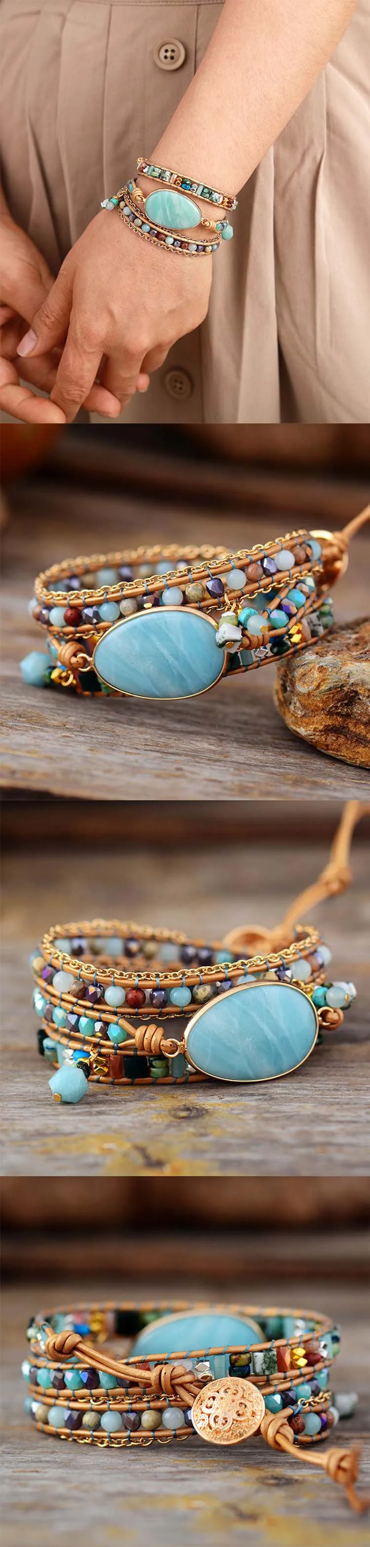 

Multilayered Leather Wrap Bracelet W/ Natural Stone Amazonite Beaded Strands Bracelet Boho Beads Jewelry Wholesale Dropship