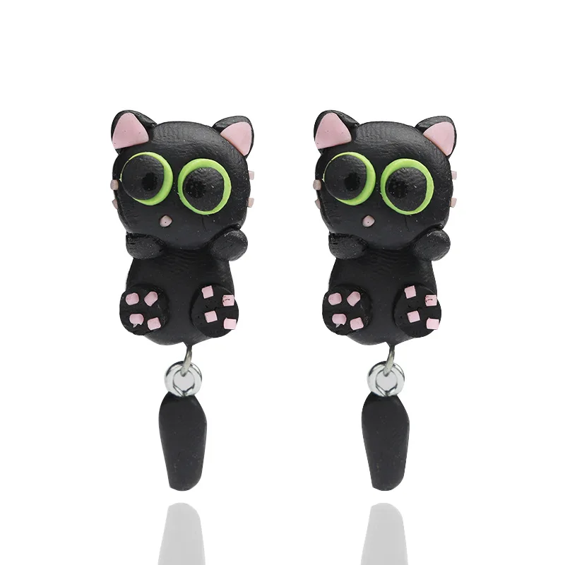 Мультяшные животные Милая Черная кошка серьги из мягкой керамики ручная работа