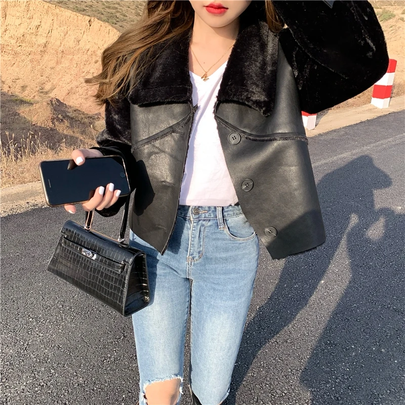 

Style fur piece lamb Plush splicing coat women's autumn winter versatile thickened short locomotive jacket