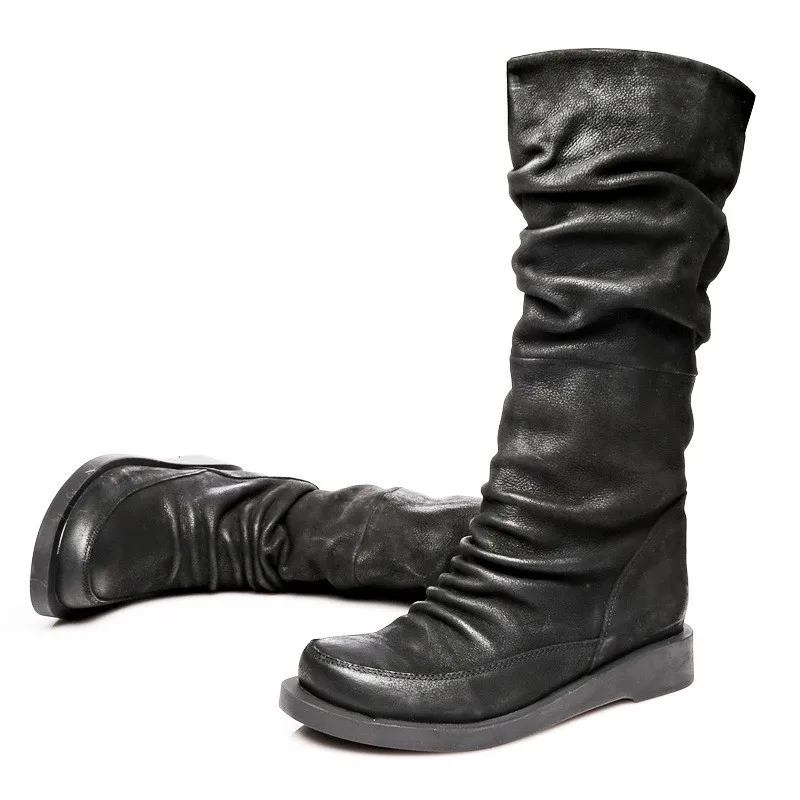 Качественные модные плиссированные женские высокие сапоги с квадратным носком