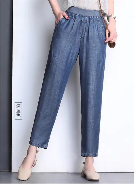 Plus Size Fashion Summer Women Elastic High Waist Jeans New Loose Solid Thin Nine Points Jeans Middle-aged Casual Denim Pants