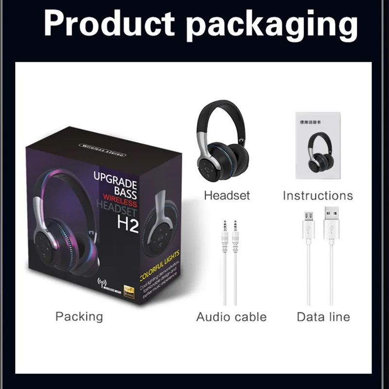 

Wireless Bluetooth 5.0 Headphones Colorful LED Lights Headset Foldable Adjustable Noise canceller headset with Mic For Tourya