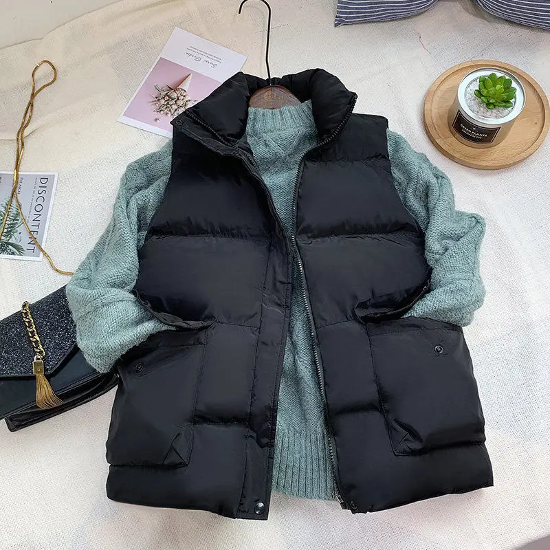 

Plus Size New Women's Autumn And Winter Thickened Vest Filling Cotton Solid Color Sleeveless Jacket