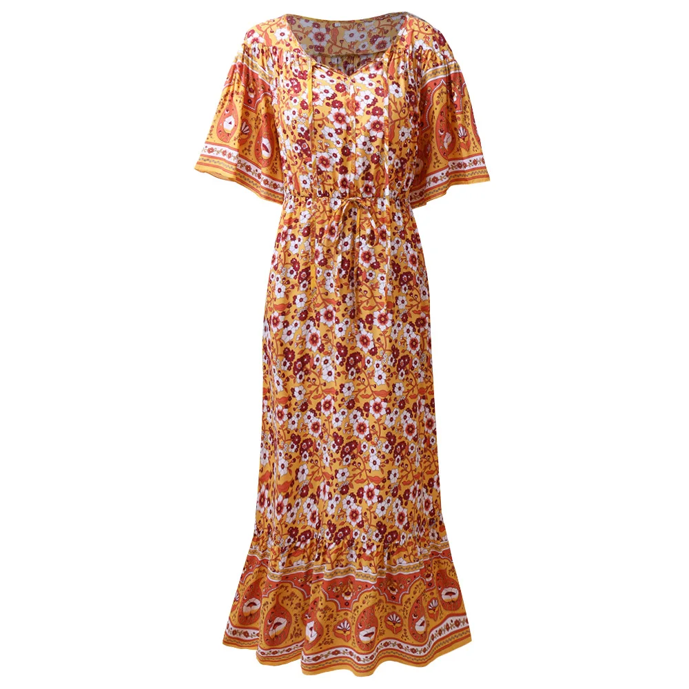 

Women's summer 2020 new v-neck high-waisted short-sleeved long floral dress printed v-neck beach dress