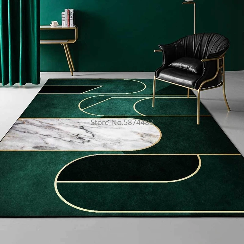 Dark Green Emerald Carpet Geometric Gold Line White Marble Mosaic Area Living Room Bedroom Sofa Non-slip Floor Mat | Дом и сад