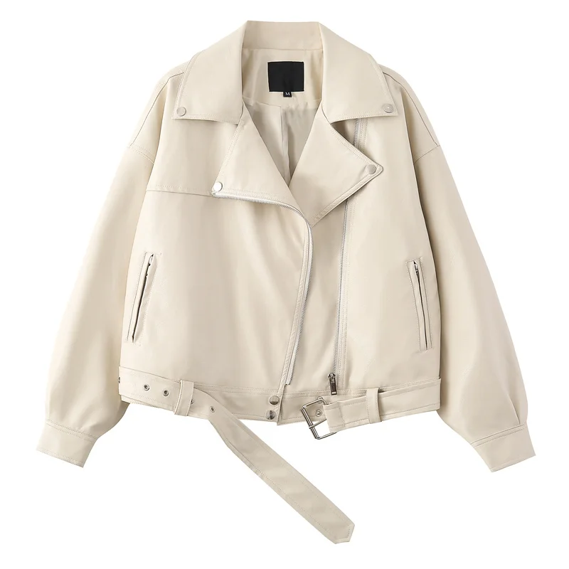 

2022 New Spring Autumn Lapel Long Sleeve With Belt Apricot Faux Leather Jacket Loose Casual Women Fashion Biker Jacket Female
