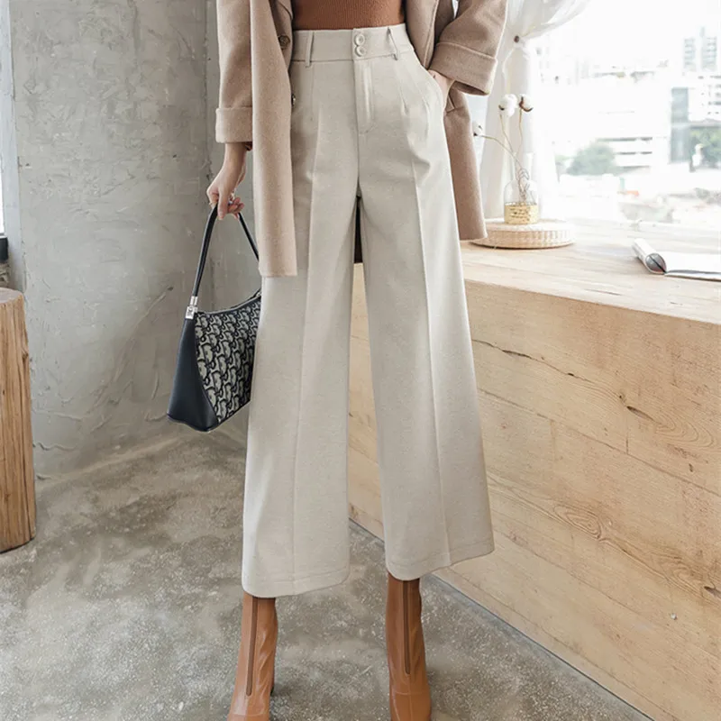 HziriP зимние женские шерстяные штаны для офиса девушек низ толстые широкие брюки