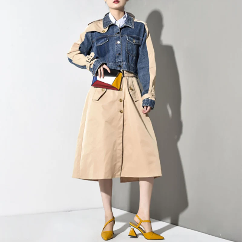 2019 Denim Split Joint Women Jacket and Coat Autumn Winter Lapel Long Sleeve Loose For Fashion Tide Lady | Женская одежда