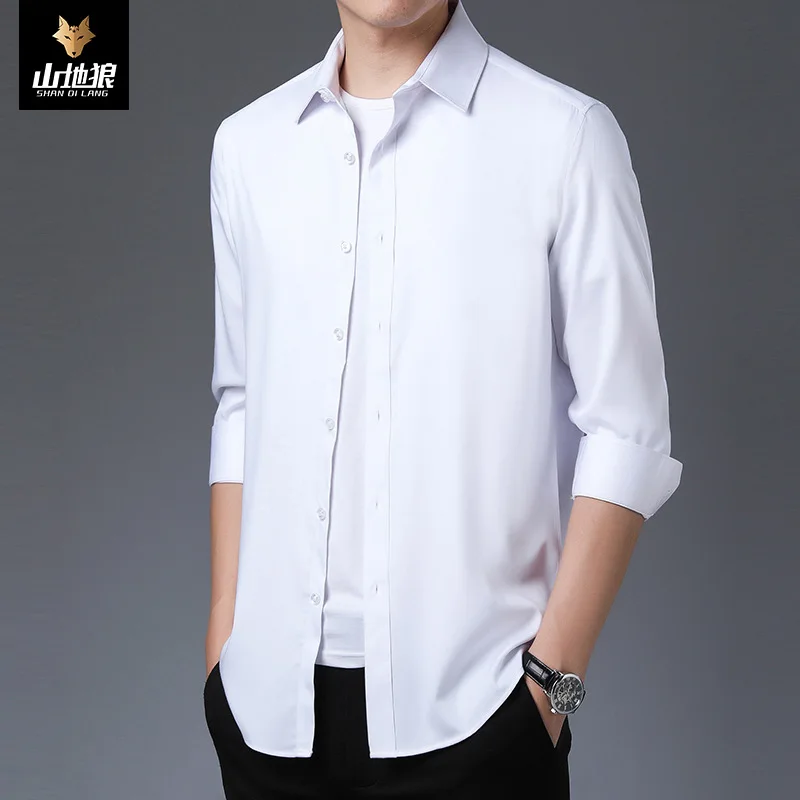 

Mountain Wolf men's new shirt men's business slim no iron youth Long Sleeve Shirt Men's Lapel Oxford spinning