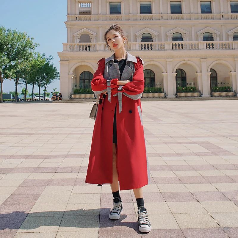 

Women's Windbreaker Loose Long Spring Autumn Simplicity Jacket Pure Cotton Big Size Ladies Cloak Vintage Red Trench Coat Female