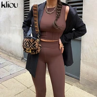 kliou solid two piece set women casual o neck crop top vest skinny leggings matching outfits female basic streetwear 2021 trend