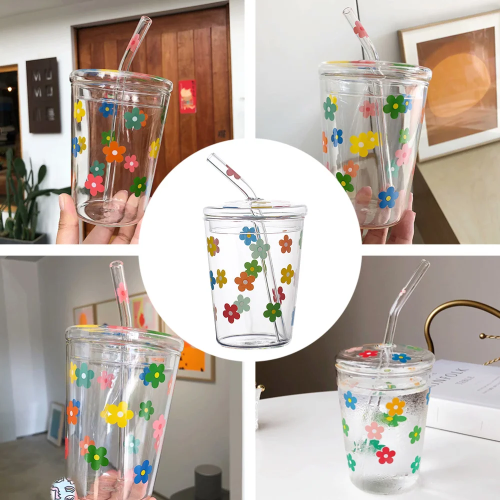 

1pc Straw Cups Flower Patter Water Cup Glass Cups Beverage Cup Drinking Cup