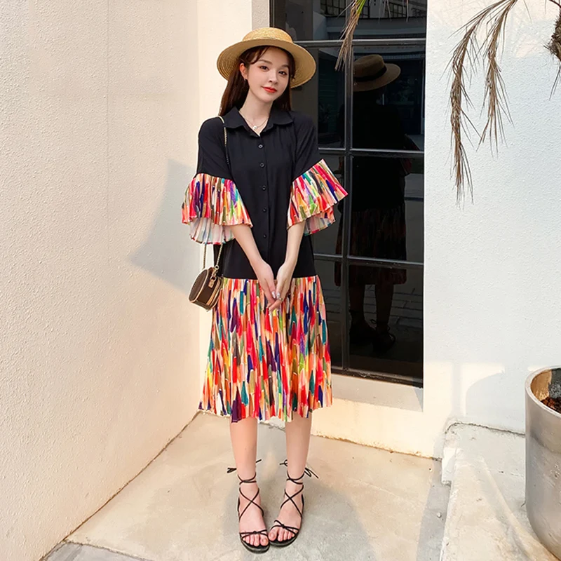 

2021 New Korean Fashion Pleated Patchwork Summer Women Dress Lapel Short Sleeve Loose Casual Ladies Dresses Elegant Clothes