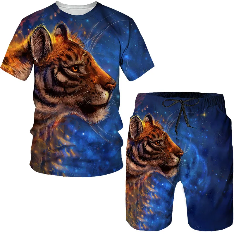 

Advanced Sense Tiger Summer Men And Women Fashion T-Shirt Shorts 2-Piece Set Sandy Beach Sunscreen Vacation Travel Holidays Seas