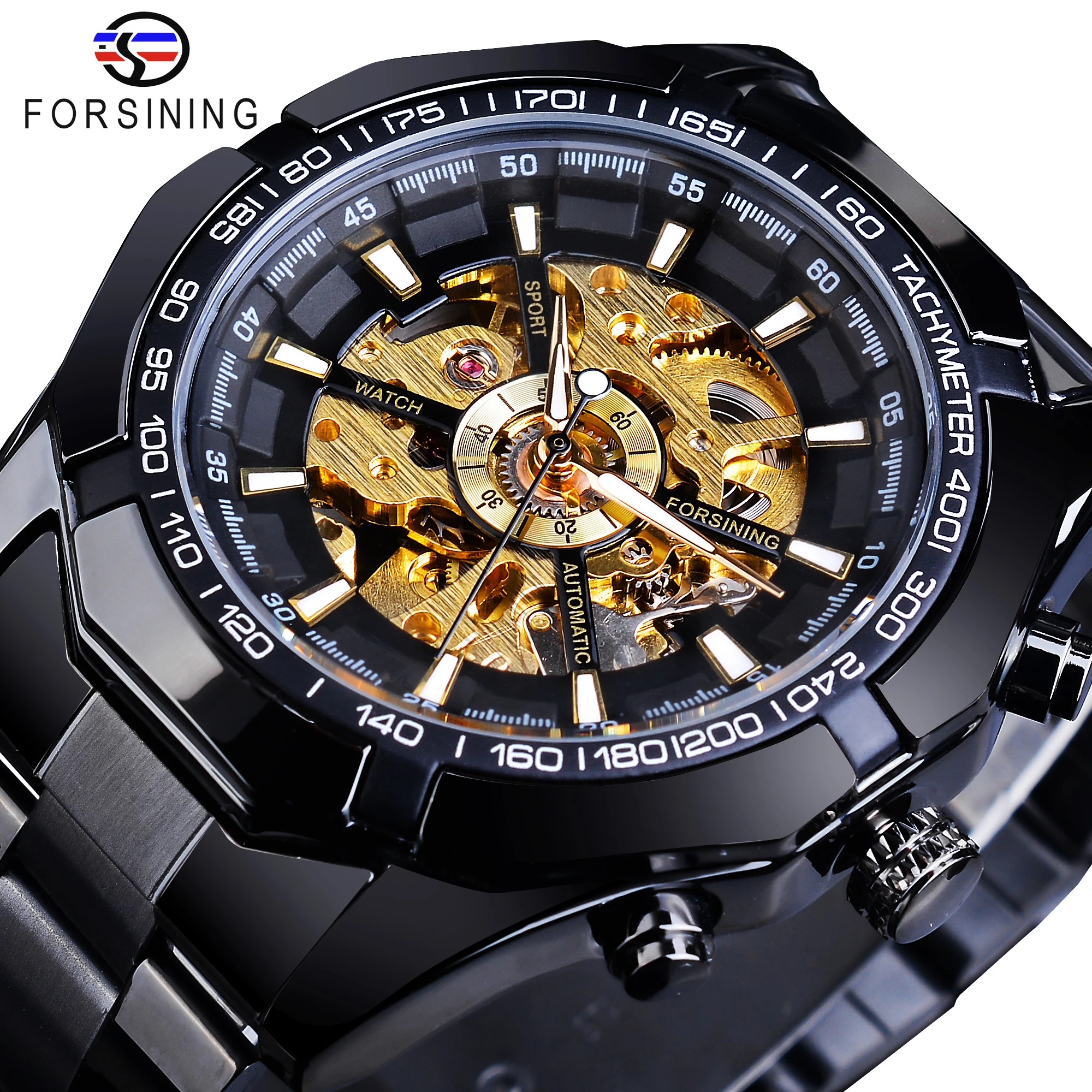 Forsining 2021 водонепроницаемые черные мужские часы в стиле стимпанк из нержавеющей стали с автоматическим скелетом механические Спортивные наручные часы Топ бренд класса люкс