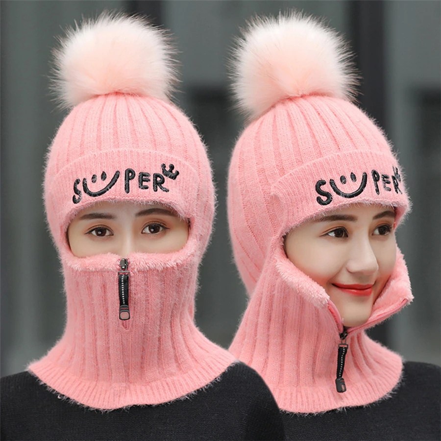 2020 Women Winter Beanie Set  Knitted Wool Hat Mask Lady Warm Velvet Thick Cycling Beanies Skullies Female Collar Jumper Cap