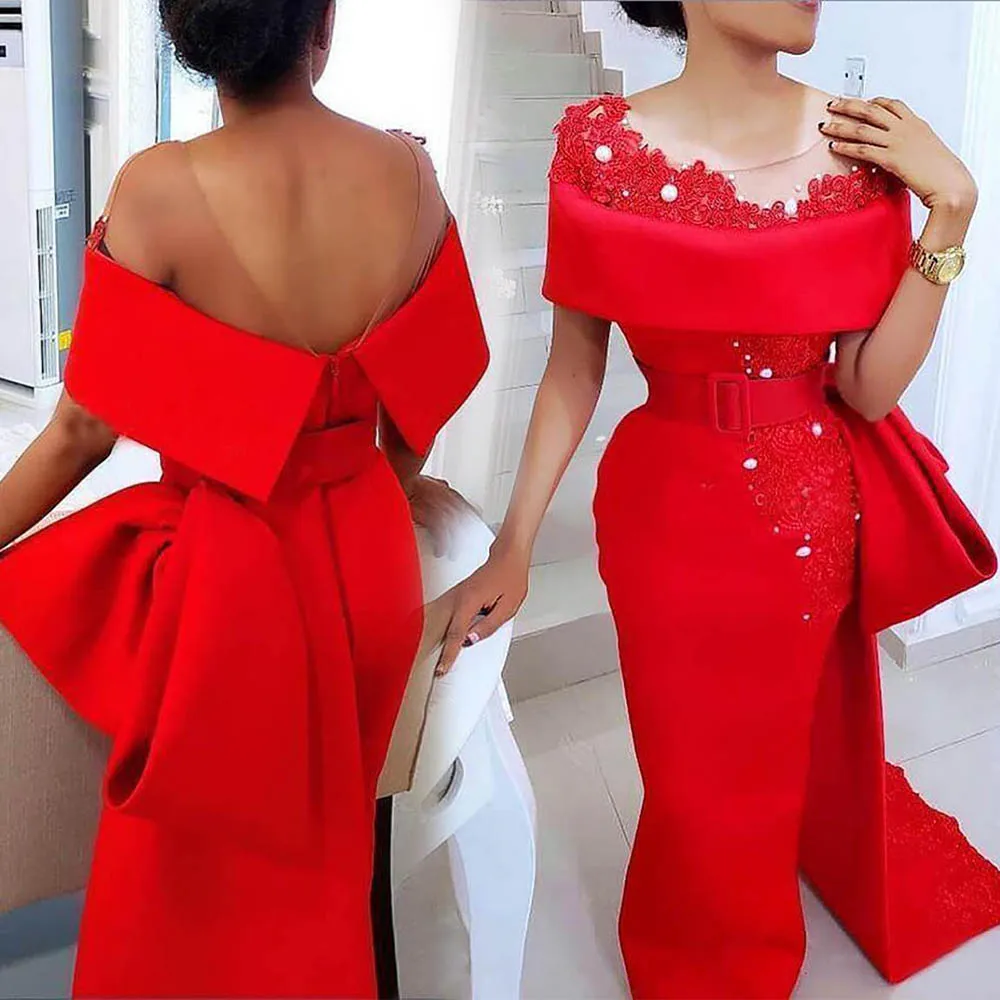 

Красные вечерние платья с прозрачным вырезом и бантом, Кружевная аппликация, бусины, жемчуг, атласное платье-футляр с Боковым Разрезом, афри...