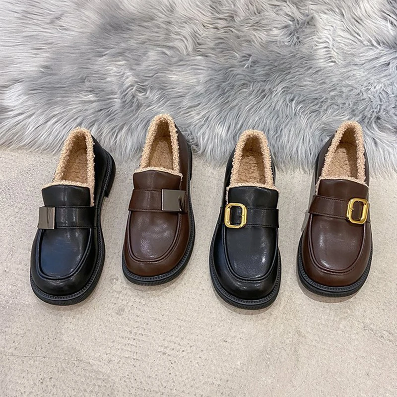 Winter Shoes Female British Style 2021 New Thick-soled College Style Casual Loafers Genuine Plush Fashion Shoes Girls New