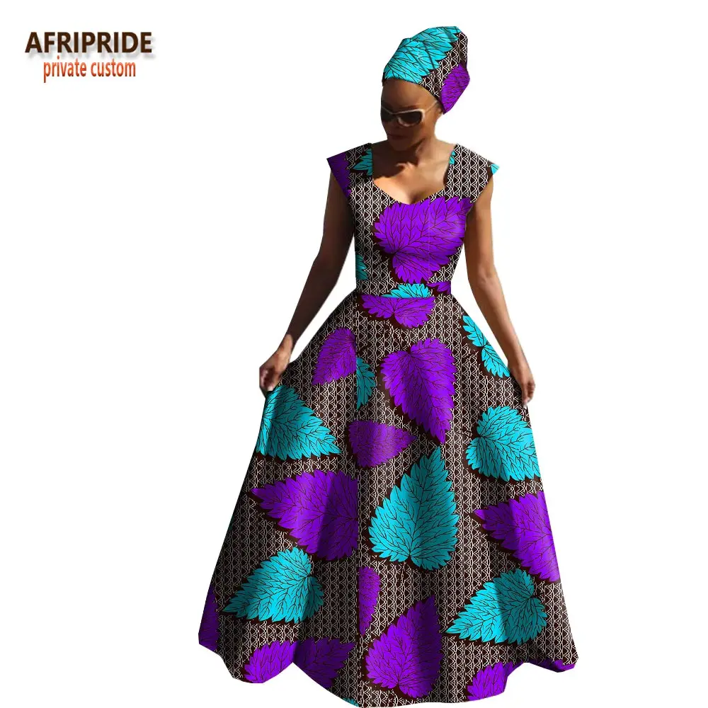 Afripride, Африканское весеннее Хлопковое платье для женщин, без рукавов, v-образный вырез, длина до пола, женское платье с повязкой на голову A1825039